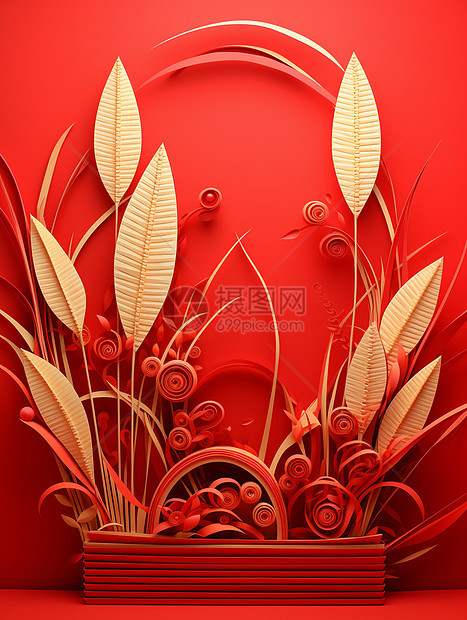 红色背景上金色喜庆的卡通甘蔗林图片