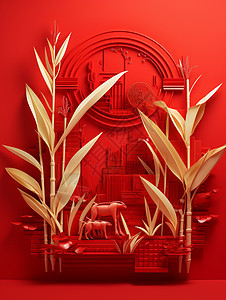 红色背景上立体金色喜庆的卡通植物图片