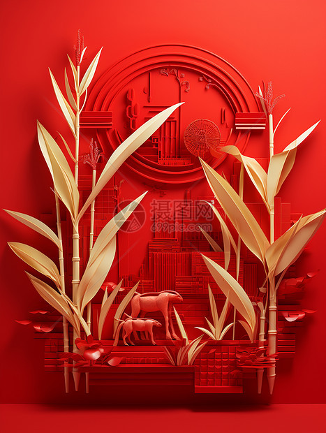 红色背景上立体金色喜庆的卡通植物图片