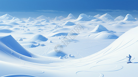 北海道 滑雪一个小小的卡通人物准备滑雪在大大的滑雪场插画