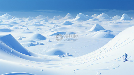 一个小小的卡通人物准备滑雪在大大的滑雪场图片