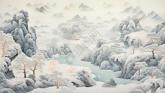 大气背景大气唯美的水墨古风山水画插画