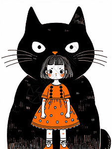 站在黑猫前穿橙色裙子的可爱卡通小女孩图片