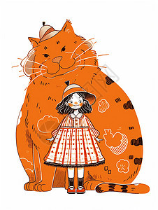 戴着帽子穿格子裙的卡通小女孩与大胖猫图片