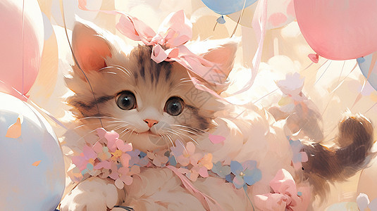头戴粉色蝴蝶结可爱的卡通小花猫图片