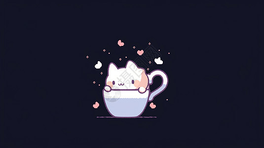 在白色咖啡杯中的可爱卡通小白猫图片