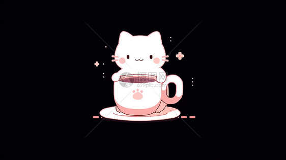 在咖啡杯旁可爱的卡通小猫图片