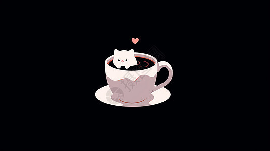 在咖啡杯中泡澡的可爱卡通小白猫图片