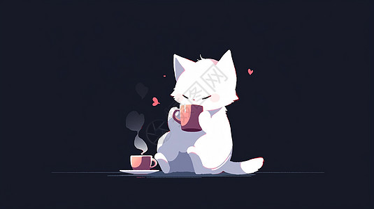 坐着安静喝咖啡的卡通小白猫图片