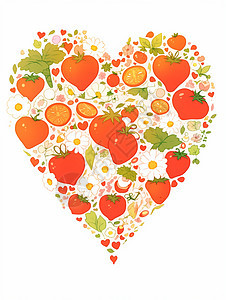 很多可爱的卡通西红柿拼成的爱心形状背景图片