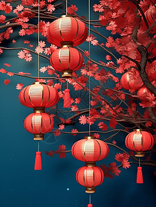 立体喜庆的红色卡通灯笼旁一棵开满红色花朵的树背景图片