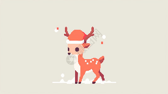 雪中戴着圣诞帽的马赛克风可爱的卡通小驯鹿图片