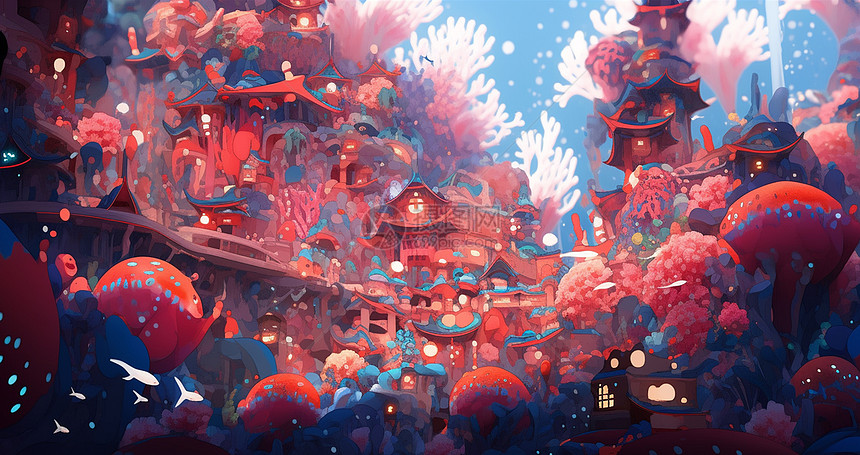 梦幻珊瑚海底世界卡通房子图片
