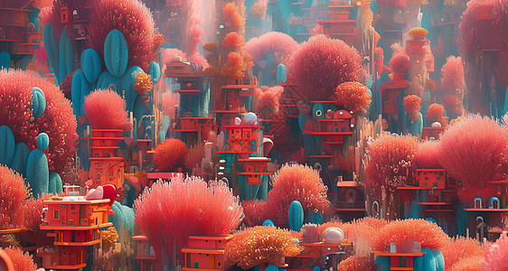 红色唯美的卡通珊瑚海底世界图片