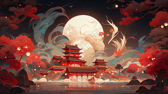 夜晚红色喜庆的古风卡通建筑背景图片