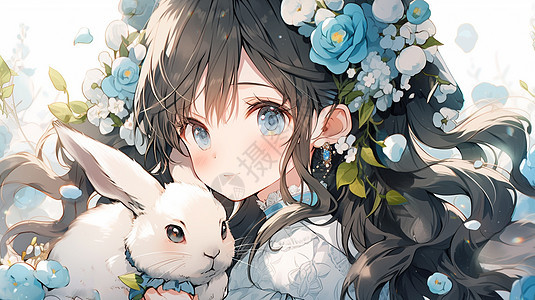 头戴蓝色花朵漂亮的卡通小女孩怀中抱着一只小白兔图片