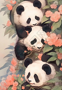 躲在粉色小花后面的卡通大熊猫图片