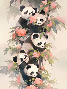 一起爬树的可爱多只卡通大熊猫图片