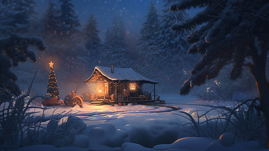 夜晚森林中温馨的卡通小木屋外一个美丽的卡通圣诞树背景图片