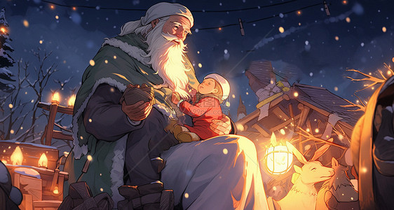 坐在灯光旁抱着孩子的白胡子老爷爷在讲故事图片