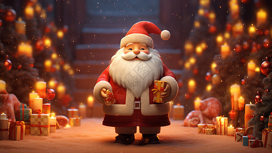 圣诞老人装饰白胡子拿着礼物胖胖的可爱卡通圣诞老人插画