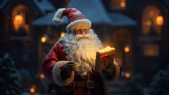 夜晚长长的白胡子卡通圣诞老人手拿礼物站在屋外图片