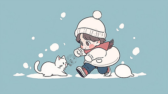 冬天在雪地中穿着很厚的卡通小朋友与小猫一起玩耍高清图片