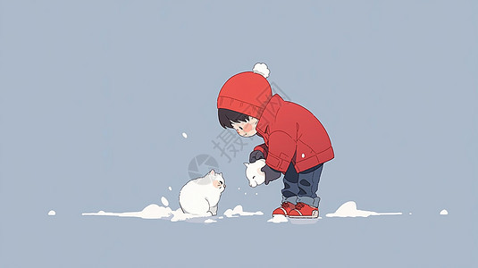 冬天穿着红色外套的卡通小男孩与小白猫一起玩耍图片