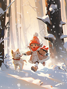 戴着红色毛线帽与宠物狗奔跑在雪地中的卡通小女孩图片