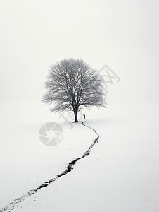 雪地中枯树下一个小小的人物剪影图片