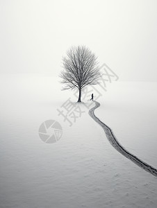 冬天雪地中一棵枯树图片