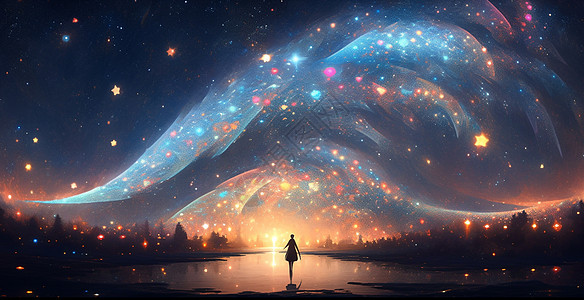 站在湖边一个小小的卡通人物剪影在欣赏着梦幻唯美的天空背景图片