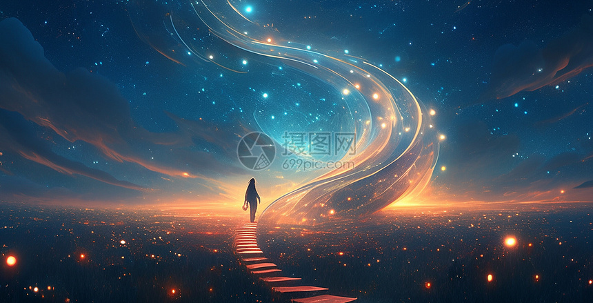 抽象梦幻的星空下一个人走在楼梯上图片