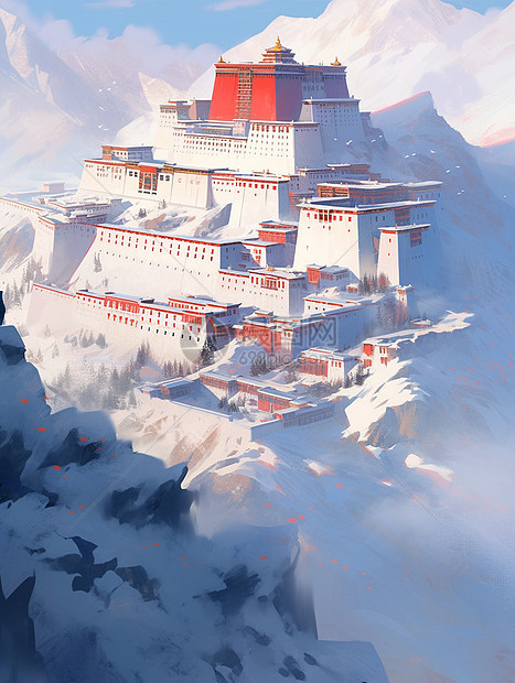雪山顶上一座漂亮大气的卡通仿古建筑图片