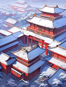 冬天雪中红色大气的卡通古建筑群图片