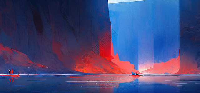红蓝渐变梦幻抽象的卡通山川插画背景图片