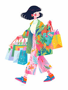 穿着绿色外套拿着很多购物袋的开心走路的短发卡通女孩背景图片