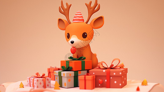 在很多礼物旁可爱的立体卡通小鹿背景图片