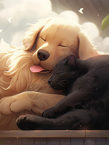 依偎在一起酣睡的卡通小猫和小狗图片