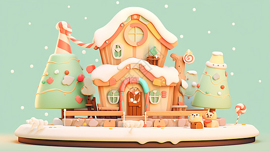 绿色背景前有圣诞树的卡通小房子图片