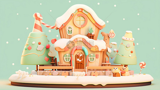 绿色背景前有圣诞树的卡通小房子图片