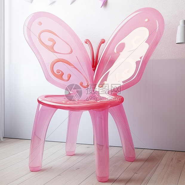 放在木底板上粉色透明的卡通椅子图片
