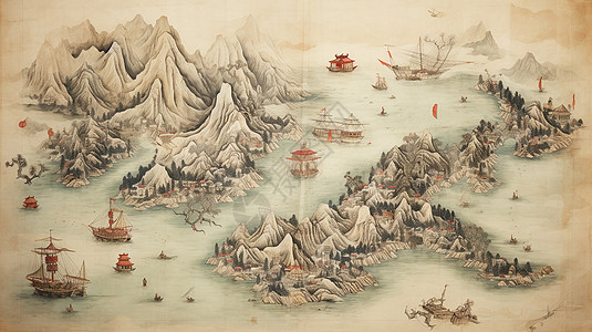 古风山川环绕的湖泊中几条小船背景图片