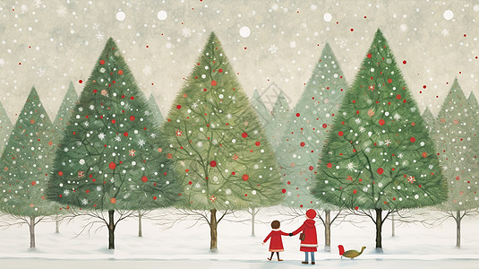 雪中一排美丽的卡通圣诞树图片