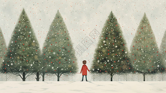 穿着红色欣赏远处圣诞树的卡通男孩背景背景图片