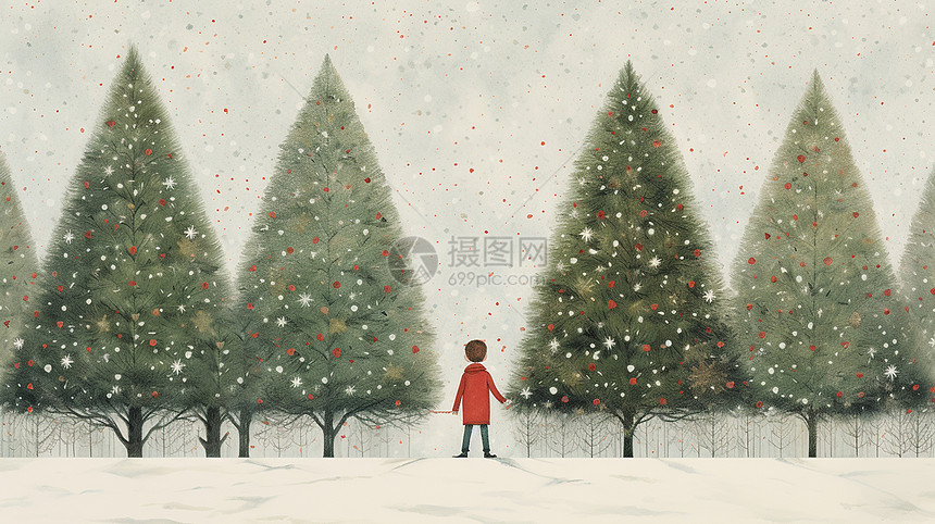 穿着红色欣赏远处圣诞树的卡通男孩背景图片