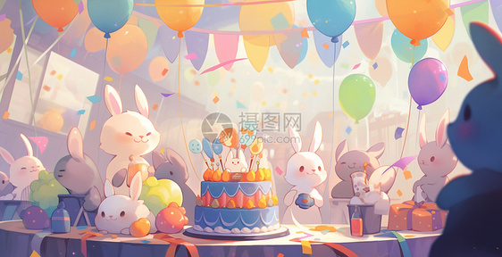 参加生日派对的可爱卡通兔子们图片