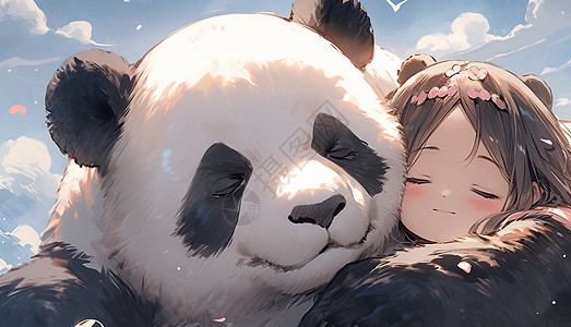 可爱的卡通小女孩与大熊猫拥抱在一起图片