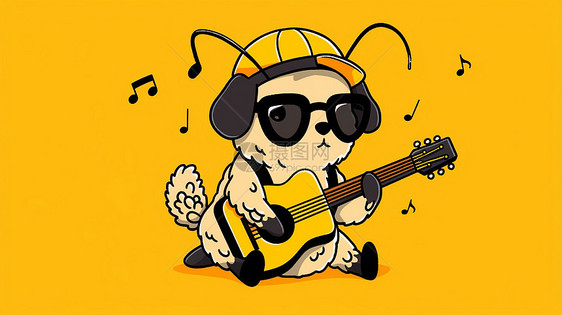 戴着墨镜弹吉他的酷酷的卡通小狗图片