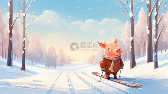 冬天在开心滑雪的卡通小猪图片